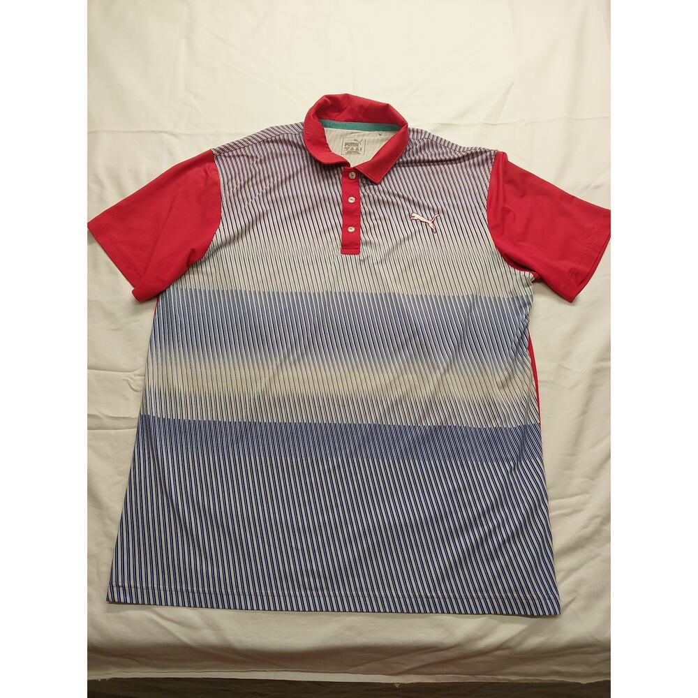 Puma Golf polo shirt red, white, blue vertical pinstripe w/ red short sleeves Lg